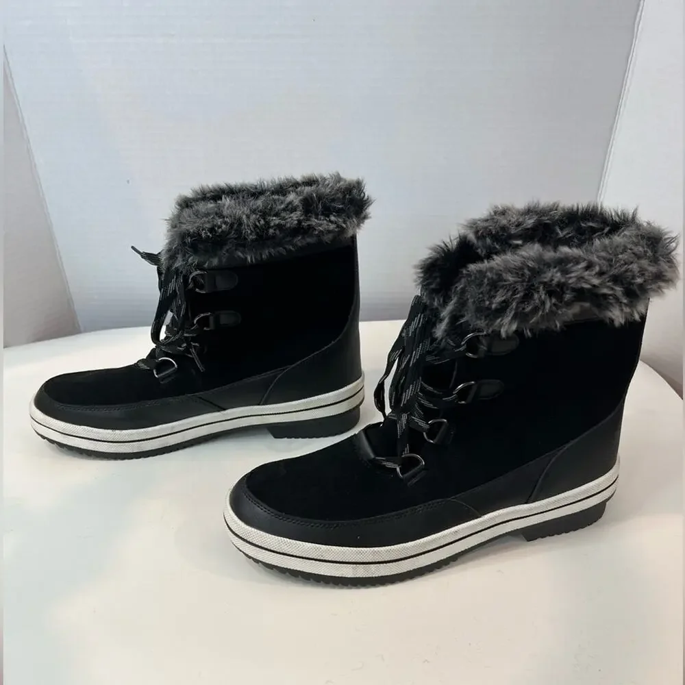 NEW Amazon Essentials Mid‎ Calf Snow Winter Black White Faux Fur Trim Boots 11